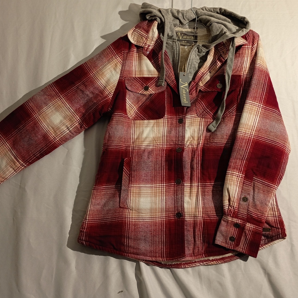 Natural Reflections Shirt Jacket Womens Size S/P Red Plaid Flannel with hoody